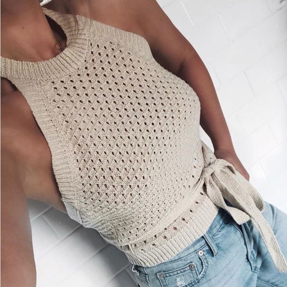Astr Halter Knit Tie-Waist Tank Top in Beige